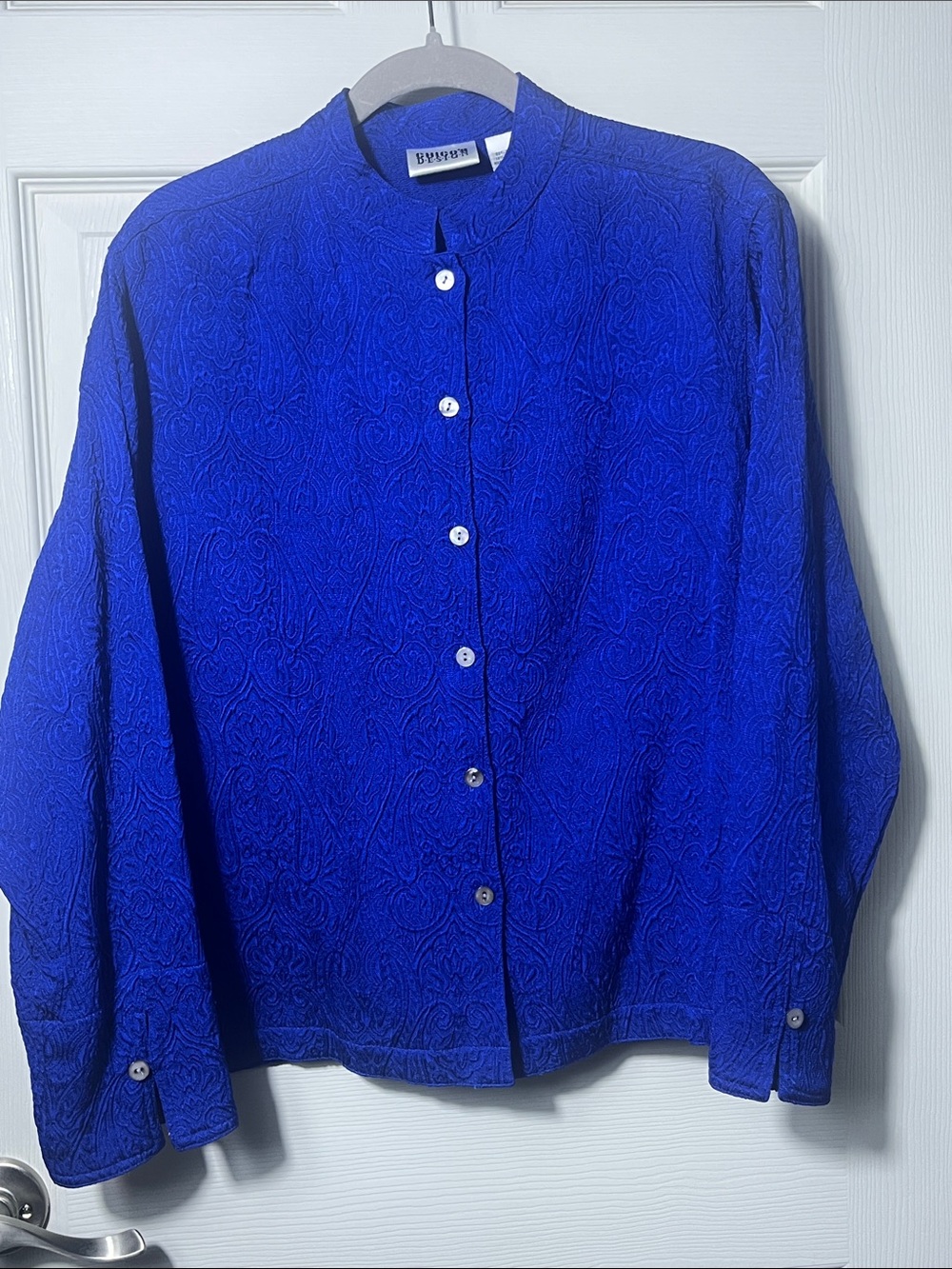 Chico's Royal Blue Paisley-Textured Mandarin-Collar Button-Down